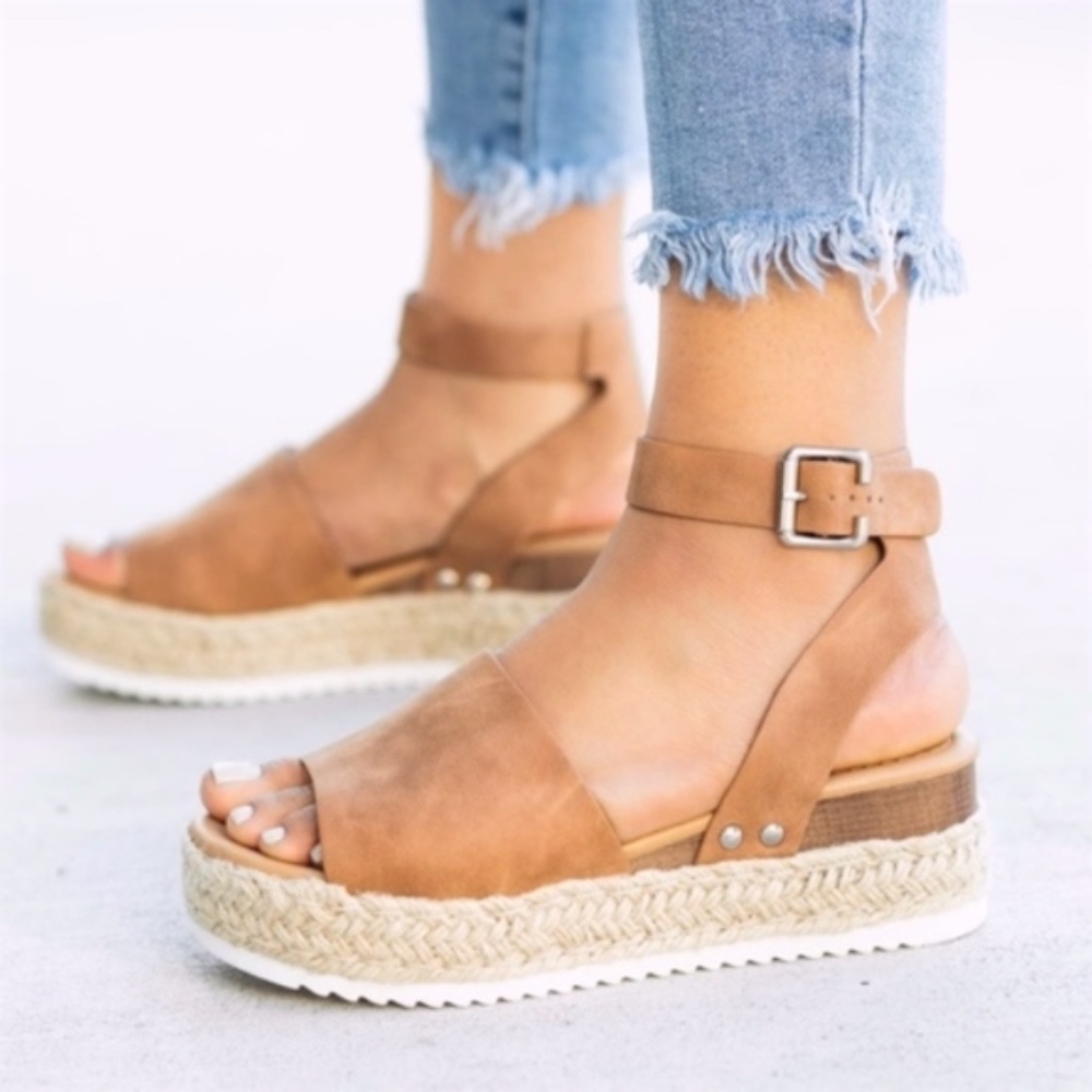 Tan Vegan leather peep toe buckle espadrille wedge - Picture 2 of 4